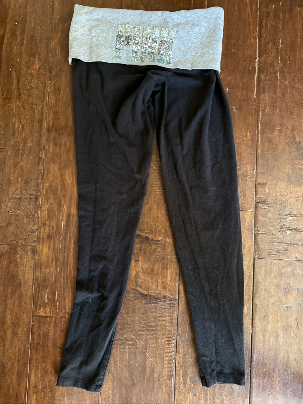 Victoria’s Secret Pink Black Leggings with Grey Foldover Sequin Waistband
